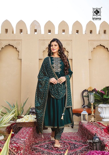 Kiana Ishq Top BBottom Dupatta Set Wholesale Catalog, Heavy Maslin with embroidery and gold silver print top with pents and patiyala set Catalog Ishq by Kiana