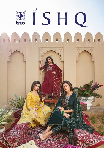 Kiana Ishq Top BBottom Dupatta Set Wholesale Catalog, Heavy Maslin with embroidery and gold silver print top with pents and patiyala set Catalog Ishq by Kiana