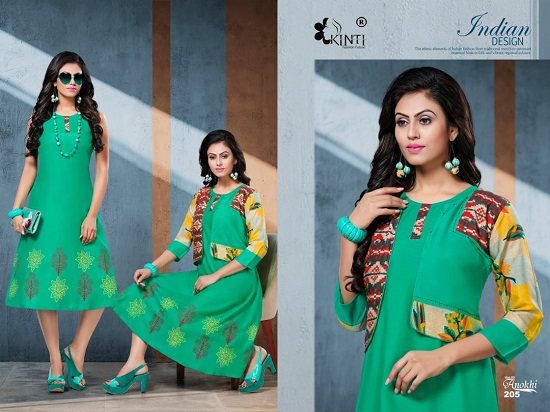 Kinti Anokhi vol 2 kurtis wholesale catalogue. Anokhi vol 2 Jacket pattern rayon kurtis catalog by Brand Kinti