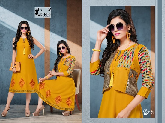 Kinti Anokhi vol 2 kurtis wholesale catalogue. Anokhi vol 2 Jacket pattern rayon kurtis catalog by Brand Kinti