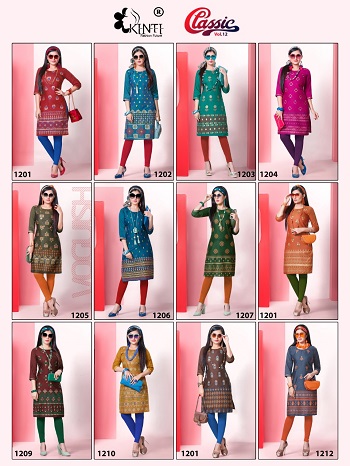 Kinti Classic Volume 12 Kurtis Wholesale Catalogue, Purchase Rayon Two Tone Fabric twelve Designs Catalog for Reselling Business at bulk price