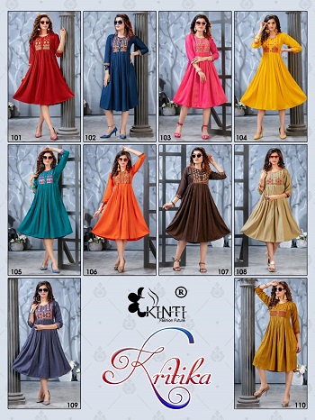 Kritika Flair Kurtis Catalogue By Kinti, Purchase Embroidery work Rayon two tone Slub Kurtis in Bulk for Retail Shop, Kritika 10 Designs Rayon Slub Kurtis Wholesale Collection