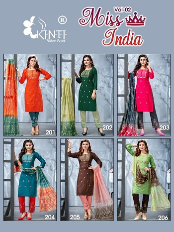 Miss India vol 2 Top Pent And Dupatta Set Wholesale Catalogue by Kinti, Rayon Fabric Fancy Embroidery Work Readymade Ladies Dress Wholesaler Catalog by Kinti