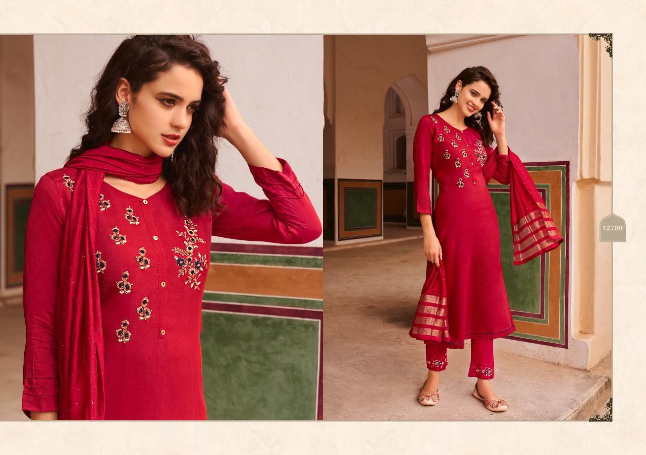 Kivi Brand by Kajree Sirya Pure Maslin Embroidery & Khatli Work top with Fancy Jari border Dupatta and Santoon Pant Wholesale Catalog