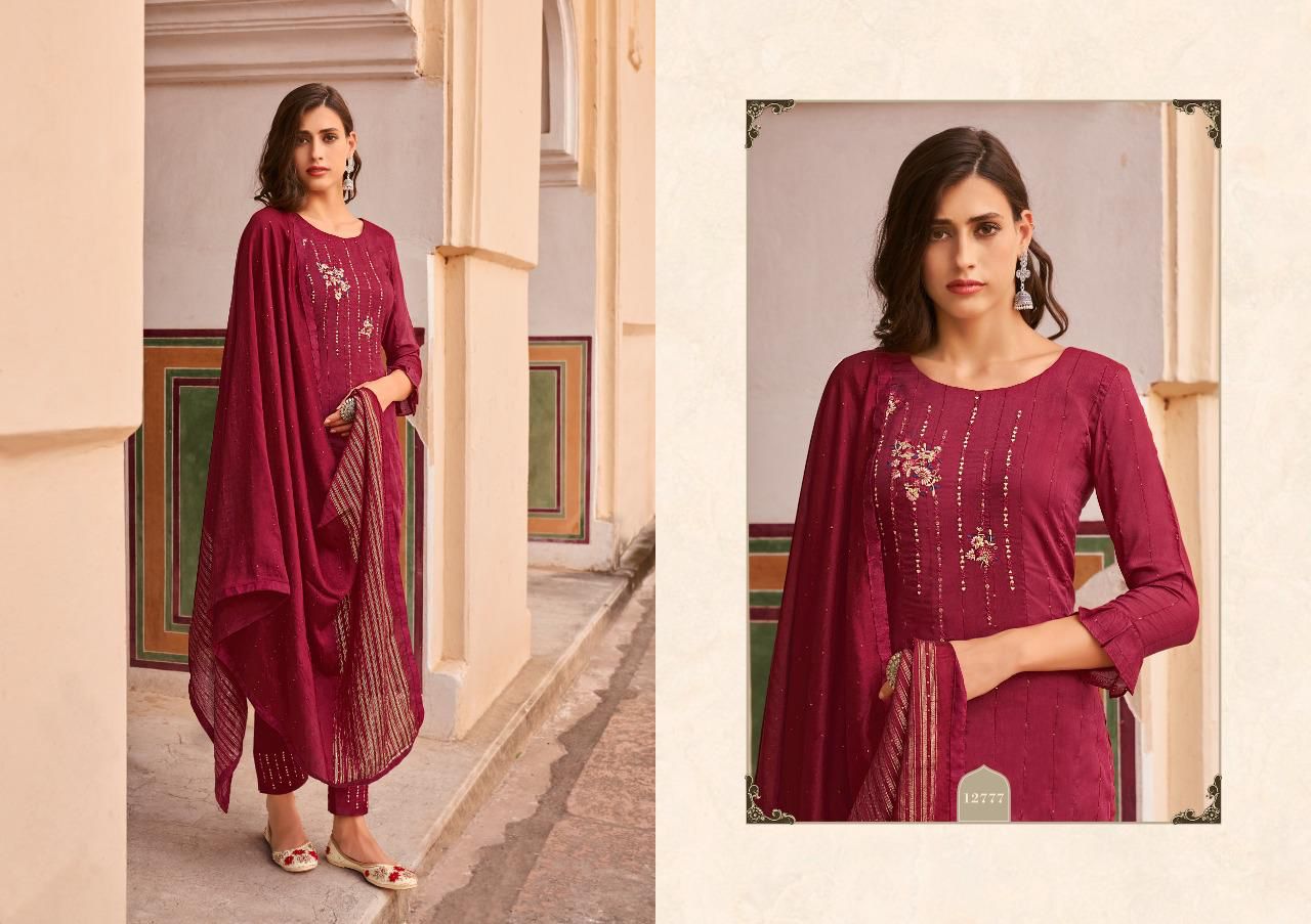 Kivi Brand by Kajree Sirya Pure Maslin Embroidery & Khatli Work top with Fancy Jari border Dupatta and Santoon Pant Wholesale Catalog