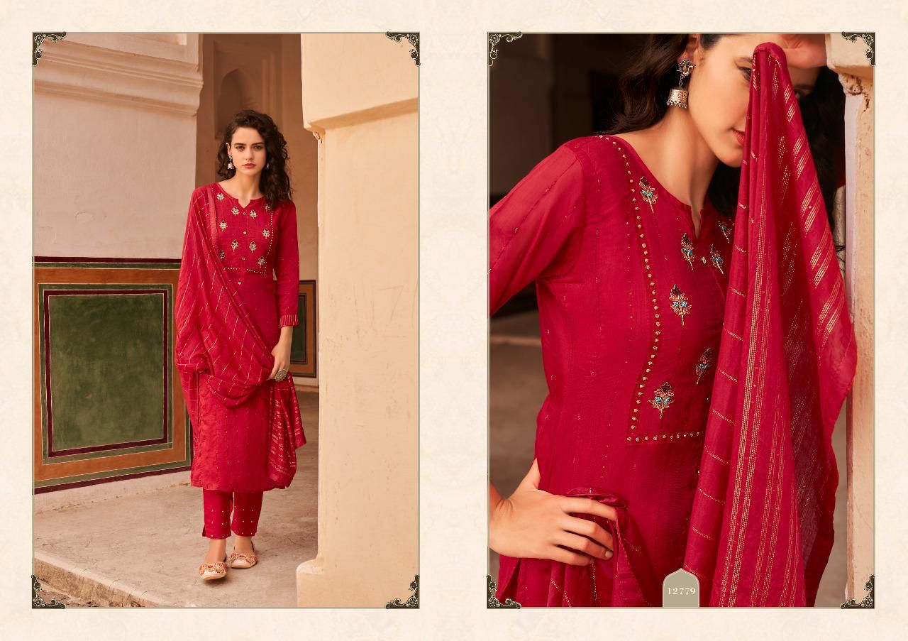 Kivi Brand by Kajree Sirya Pure Maslin Embroidery & Khatli Work top with Fancy Jari border Dupatta and Santoon Pant Wholesale Catalog