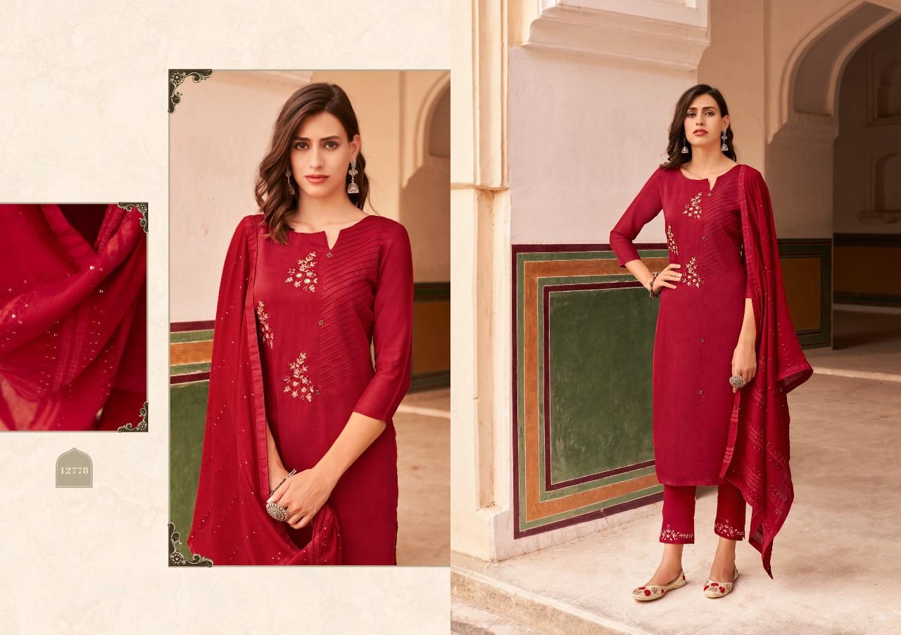 Kivi Brand by Kajree Sirya Pure Maslin Embroidery & Khatli Work top with Fancy Jari border Dupatta and Santoon Pant Wholesale Catalog