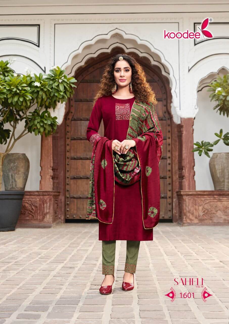 Koodee Saheli vol 16 Kurti Pant Dupatta Set Catalog in Wholesale, Buy Koodee Saheli vol 16 Kurti Pant Dupatta Set Catalog in Wholesale Price Online