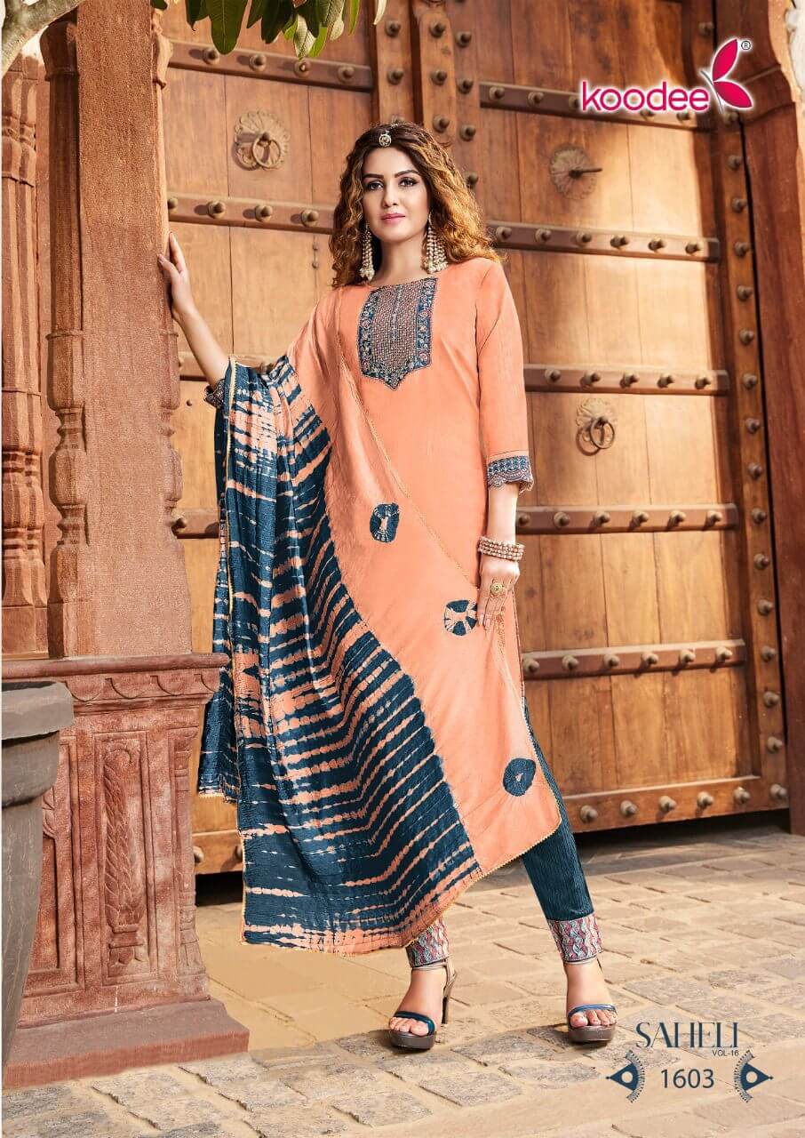 Koodee Saheli vol 16 Kurti Pant Dupatta Set Catalog in Wholesale, Buy Koodee Saheli vol 16 Kurti Pant Dupatta Set Catalog in Wholesale Price Online