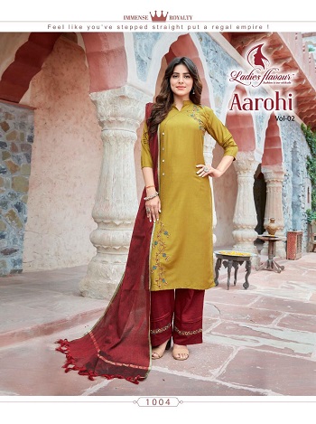 Ladies Flavour Aarohi Kurtis With Bottom and Dupatta Fully Stitched Catalogue. Order Ladies Flavour Readymade Partywear Dress Wholesale catalogue at best price online