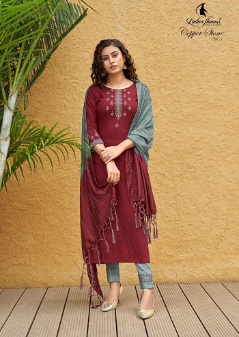 Readymade Ladies Dress Wholesale Catalog Copper Stone Vol 3 by Ladies Flavour Brand Surat, Purchase Surat Readymade Dress Kurtis with Bottom And Dupatta Catalog in Wholesale at Manufacturer Rate