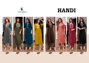 Handi Cotton Kurti With Pant Set Wholesale Catalogue, Cotton Embroidery Work Ladies Kurti With Work And Print Pants Wholesale Catalogue of eight Designs Handi by Ladies Flavour 