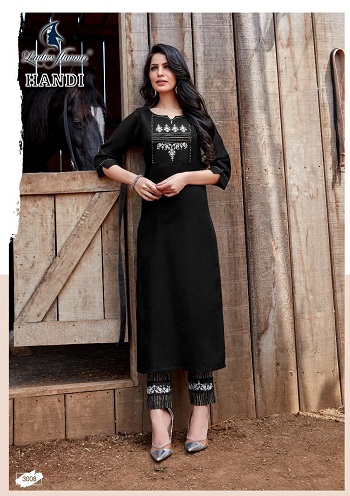 Handi Cotton Kurti With Pant Set Wholesale Catalogue, Cotton Embroidery Work Ladies Kurti With Work And Print Pants Wholesale Catalogue of eight Designs Handi by Ladies Flavour 