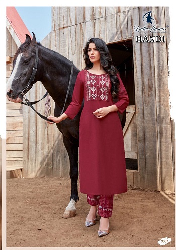 Handi Cotton Kurti With Pant Set Wholesale Catalogue, Cotton Embroidery Work Ladies Kurti With Work And Print Pants Wholesale Catalogue of eight Designs Handi by Ladies Flavour 