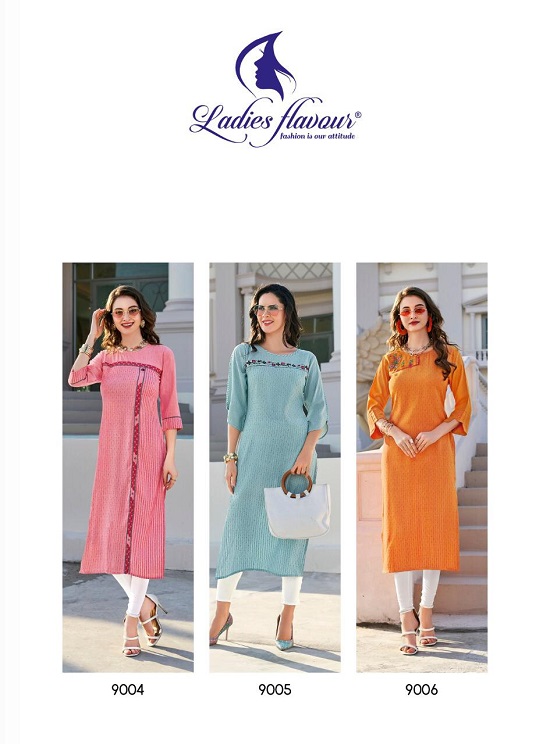 Ladies Flavour Limelight kurtis wholesale catalog. Limelight Rayon kurtis with jaquard butti and embroidery work wholesale collection by brand Ladies Flavour.