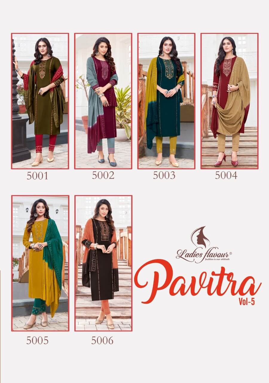 Ladies Flavour Pavitra vol 5 Top Bottom Dupatta Set Wholesale Catalog, Buy Ladies Flavour vol 5 Top Bottom Dupatta Set Full Catalog at Wholesale Price Online