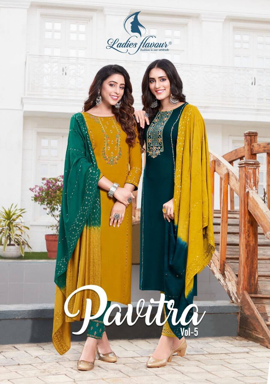 Ladies Flavour Pavitra vol 5 Top Bottom Dupatta Set Wholesale Catalog, Buy Ladies Flavour vol 5 Top Bottom Dupatta Set Full Catalog at Wholesale Price Online