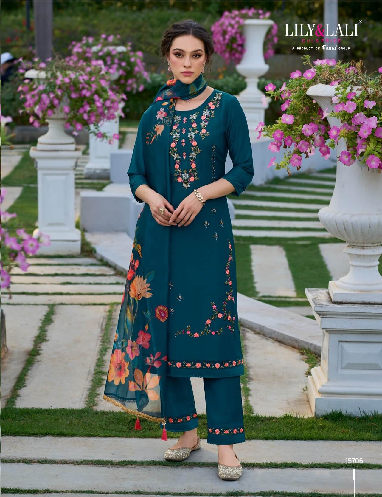 Embroidery And Handwork On Bember Silk Top And Bottom With Organza Print Dupatta 