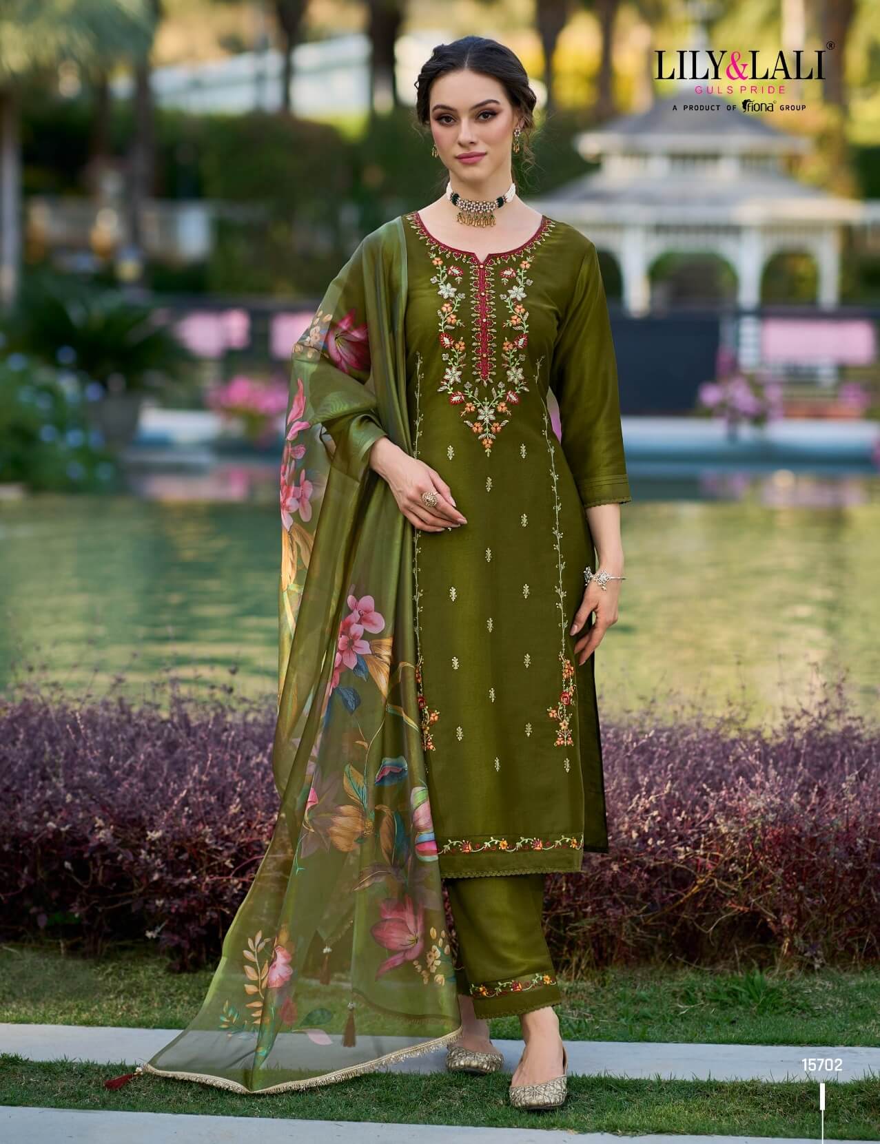 Embroidery And Handwork On Bember Silk Top And Bottom With Organza Print Dupatta 