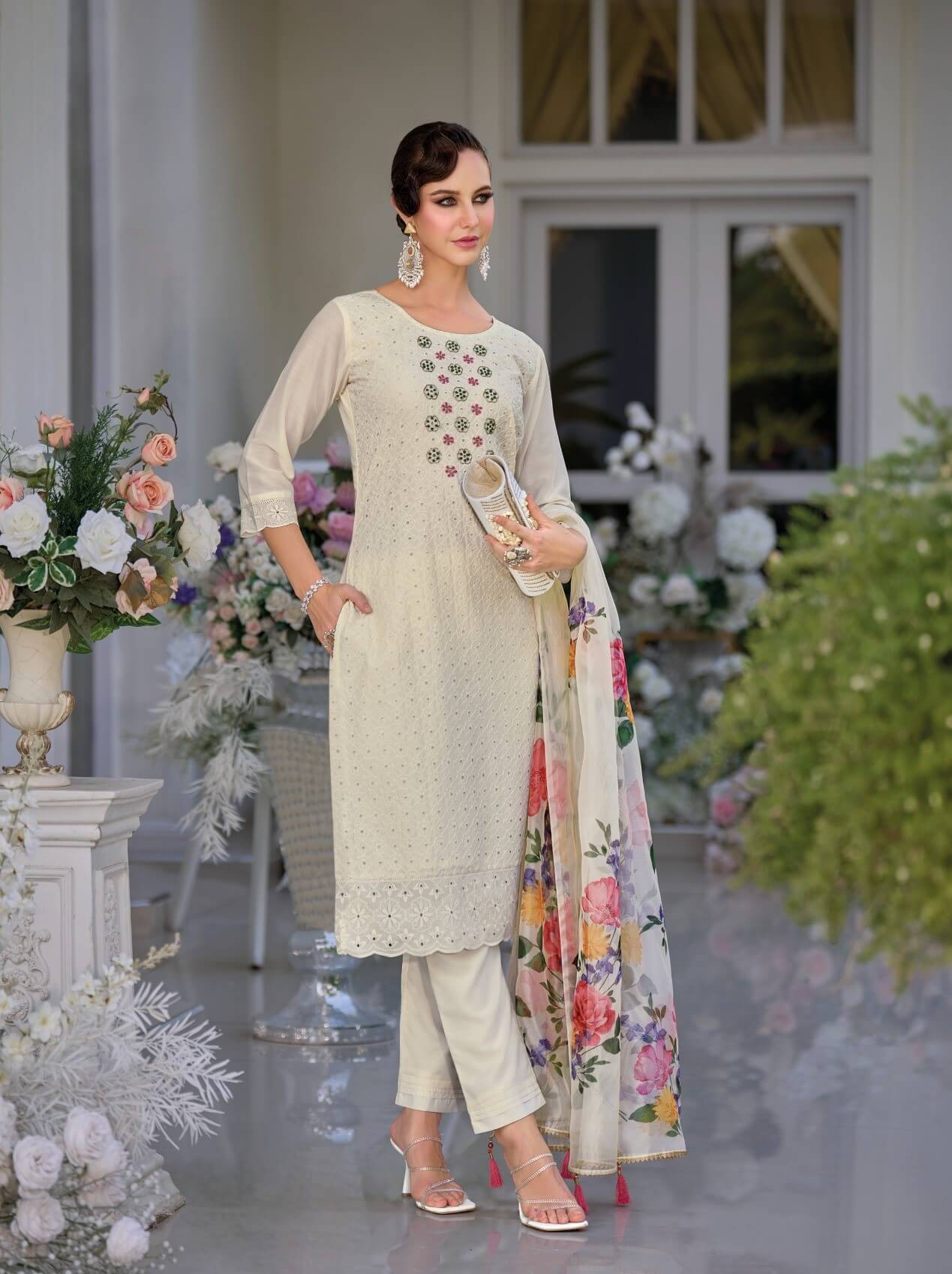 Schiffli Work And handwork On Maslin Silk With Inner And Viscose Pant With Organza Dupatta