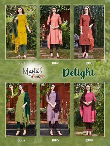 Manas Delight Fully Stitched readymade Dress catalog in Wholesale Price, Buy Delight Kurtis With Bottom And Dupatta Set in Wholesale Price For Selling in Bulk