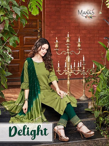 Manas Delight Fully Stitched readymade Dress catalog in Wholesale Price, Buy Delight Kurtis With Bottom And Dupatta Set in Wholesale Price For Selling in Bulk