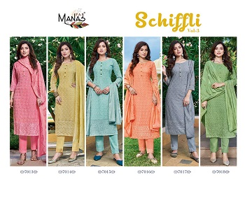 Schiffli Work Kurtis Bottom and Dupatta Set Wholesale Catalogue Schiffli vol 3 by Manas, Schiffli vol 3 six Designs catalog of Ready made Dress Wholesale Catalog