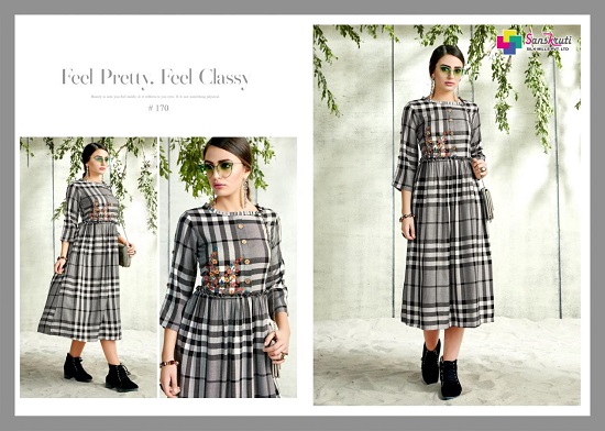 Midiz Handloom Fabric`sDesigner checks with flair Kurtis Catalog