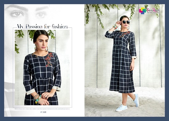 Midiz Handloom Fabric`sDesigner checks with flair Kurtis Catalog