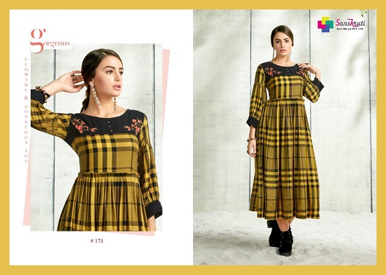 Midiz Handloom Fabric`sDesigner checks with flair Kurtis Catalog