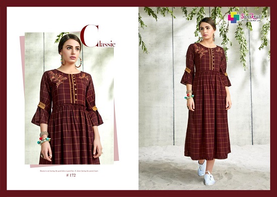 Midiz Handloom Fabric`sDesigner checks with flair Kurtis Catalog