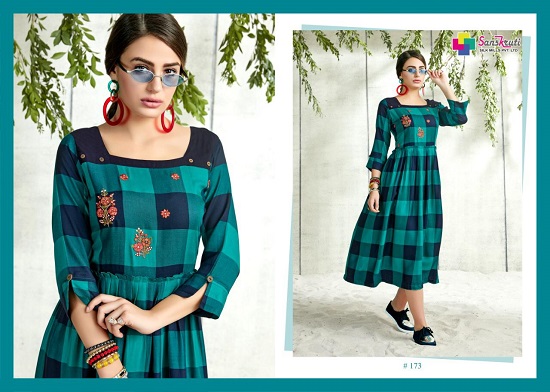 Midiz Handloom Fabric`sDesigner checks with flair Kurtis Catalog