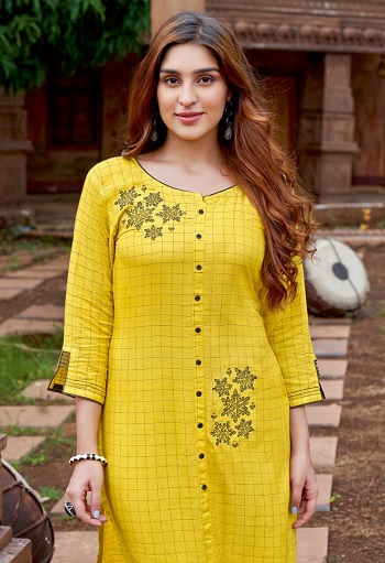 Triveni Wholesale Kurtis Catalog by Mittoo Brand, Rayon Weaving Checks Good Quality Fabric Kurtis Catalogue Triveni