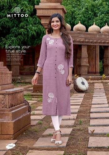 Triveni Wholesale Kurtis Catalog by Mittoo Brand, Rayon Weaving Checks Good Quality Fabric Kurtis Catalogue Triveni