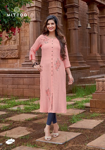 Triveni Wholesale Kurtis Catalog by Mittoo Brand, Rayon Weaving Checks Good Quality Fabric Kurtis Catalogue Triveni