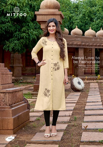 Triveni Wholesale Kurtis Catalog by Mittoo Brand, Rayon Weaving Checks Good Quality Fabric Kurtis Catalogue Triveni