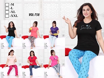 Wholesale Night Suit Catalogue vol 758, Buy Ladies Hosiery Fabric Night Sutis In Wholesale Price Online.