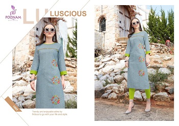 Poonam Designer Presents Cotton Slub And Khadi Cotton Embroidery Work Kurtis Wholesale Catalogue