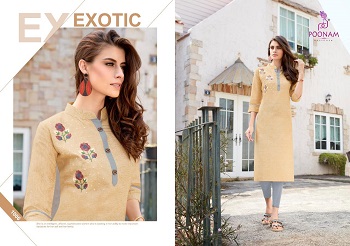 Poonam Designer Presents Cotton Slub And Khadi Cotton Embroidery Work Kurtis Wholesale Catalogue