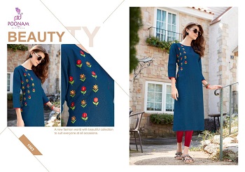 Poonam Designer Presents Cotton Slub And Khadi Cotton Embroidery Work Kurtis Wholesale Catalogue