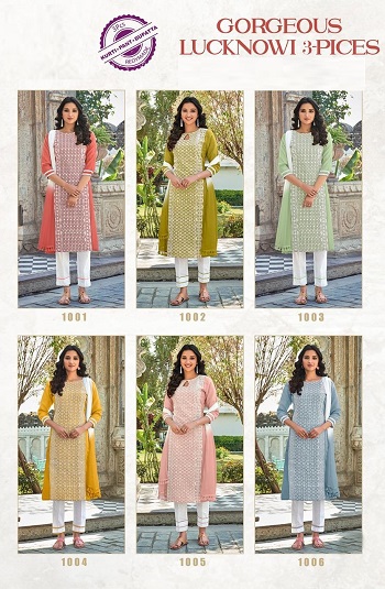 Poonam Designer Launches New three pieces catalog Gorgeous Lucknowi, Buy Cotton Slub kurtis with lucknowi work and bottom and Dupatta