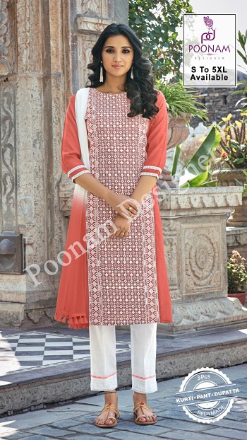 Poonam Designer Launches New three pieces catalog Gorgeous Lucknowi, Buy Cotton Slub kurtis with lucknowi work and bottom and Dupatta