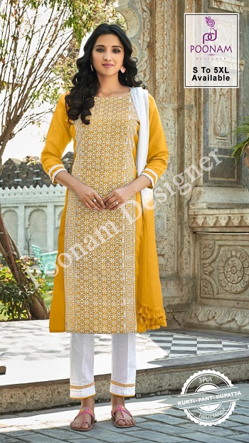 Poonam Designer Launches New three pieces catalog Gorgeous Lucknowi, Buy Cotton Slub kurtis with lucknowi work and bottom and Dupatta