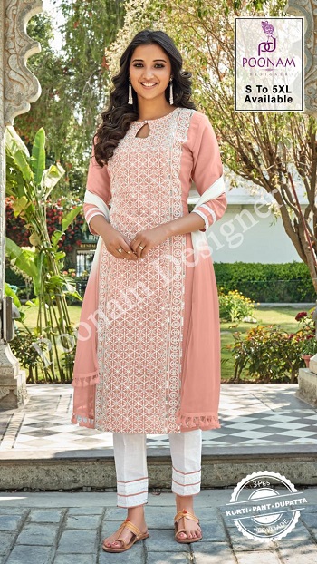 Poonam Designer Launches New three pieces catalog Gorgeous Lucknowi, Buy Cotton Slub kurtis with lucknowi work and bottom and Dupatta