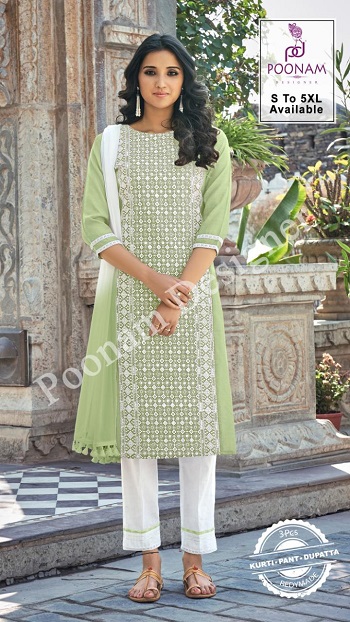 Poonam Designer Launches New three pieces catalog Gorgeous Lucknowi, Buy Cotton Slub kurtis with lucknowi work and bottom and Dupatta