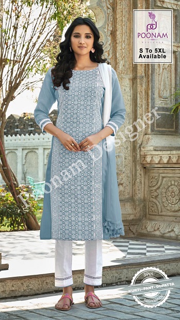 Poonam Designer Launches New three pieces catalog Gorgeous Lucknowi, Buy Cotton Slub kurtis with lucknowi work and bottom and Dupatta