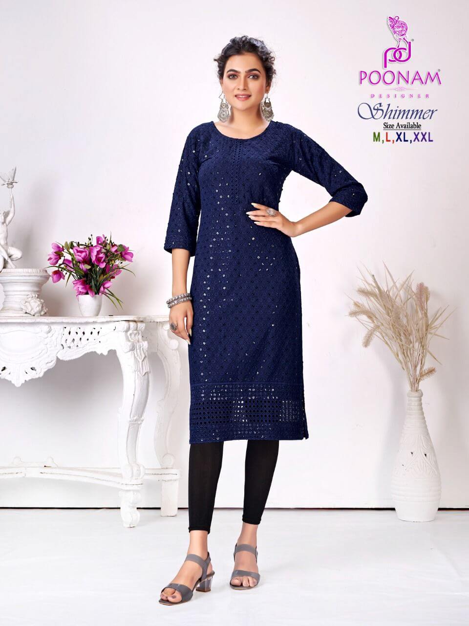 Poonam Designer Shimmer Chikan work Kurtis Catalog, Buy Poonam Designer Shimmer Chikan work Kurtis Full Catalog at Wholesale Price Online