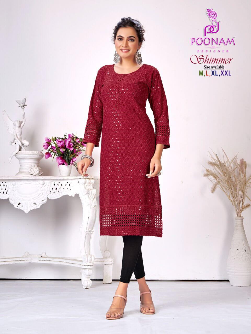 Poonam Designer Shimmer Chikan work Kurtis Catalog, Buy Poonam Designer Shimmer Chikan work Kurtis Full Catalog at Wholesale Price Online