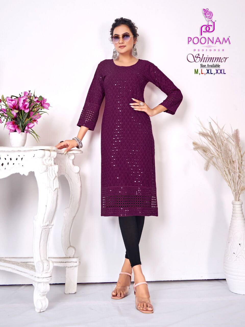 Poonam Designer Shimmer Chikan work Kurtis Catalog, Buy Poonam Designer Shimmer Chikan work Kurtis Full Catalog at Wholesale Price Online