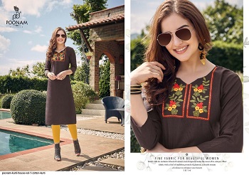 Poonam Cotton House Vol 1 Cotton Slub Embroidery Work Kurtis. Buy Wholesale Kurtis Catalog In cheap price online for reselling. Cotton House vol 1 Kurtis in bulk rate by Poonam Designer 